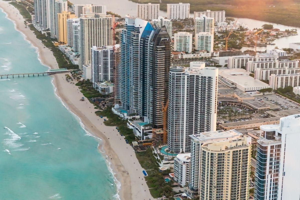 An arial photo of the Miami beach coastline.