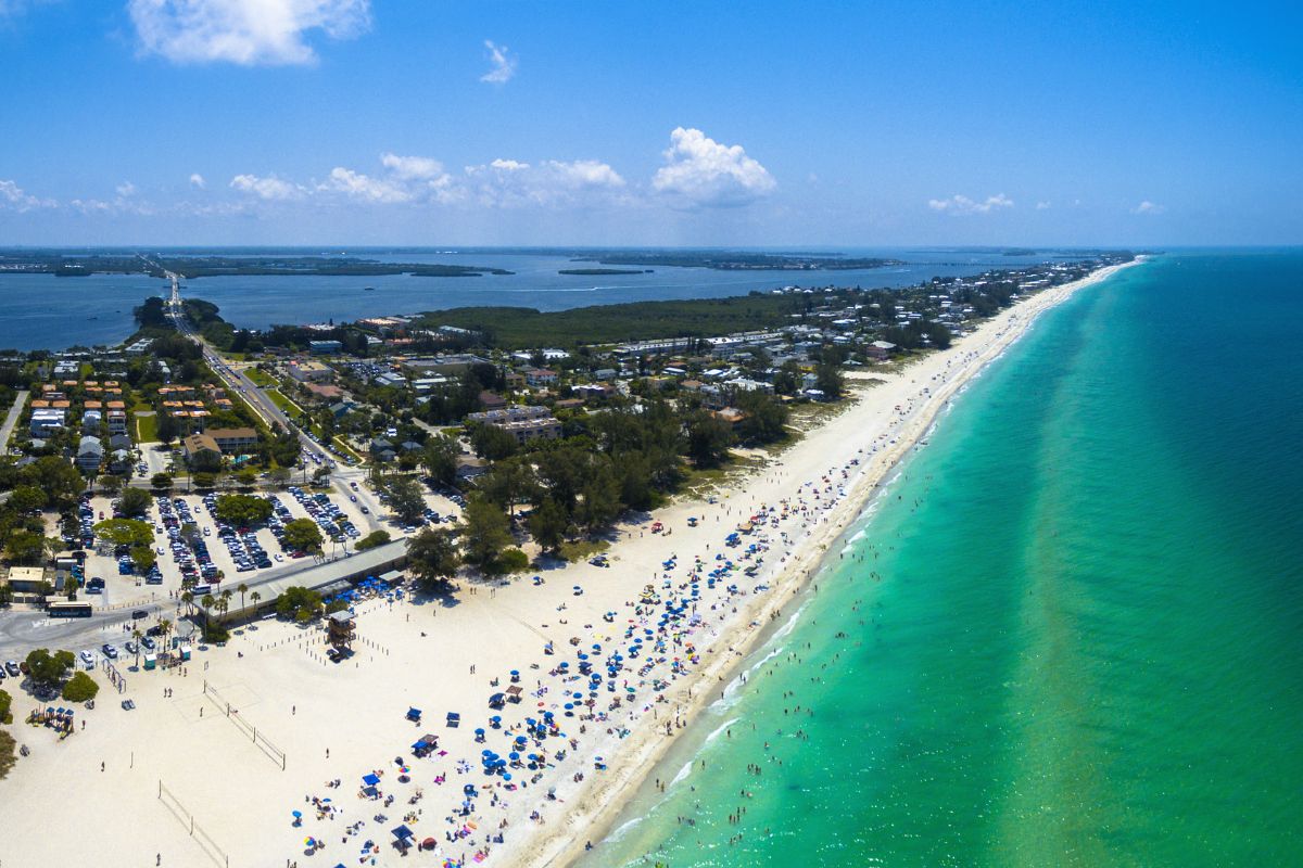 A drone shot of Anna Maria Island in Florida.