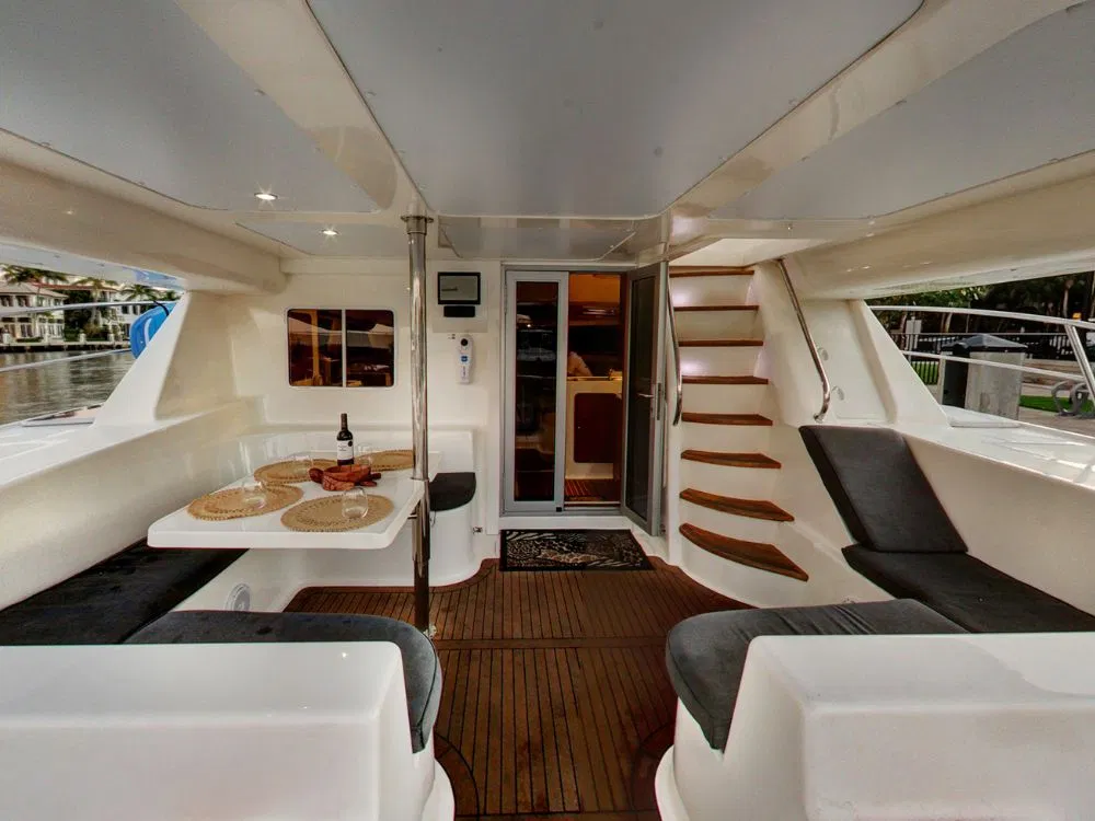 Seafari Boca Raton yacht outdoor lounge area.
