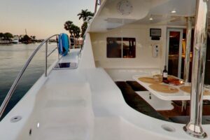 Seafari Boca Raton yacht outdoor lounge area and side walkway.
