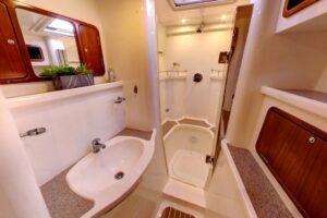 Seafari Boca Raton yacht indoor bathroom and shower.