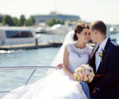 A couple having a yacht wedding.