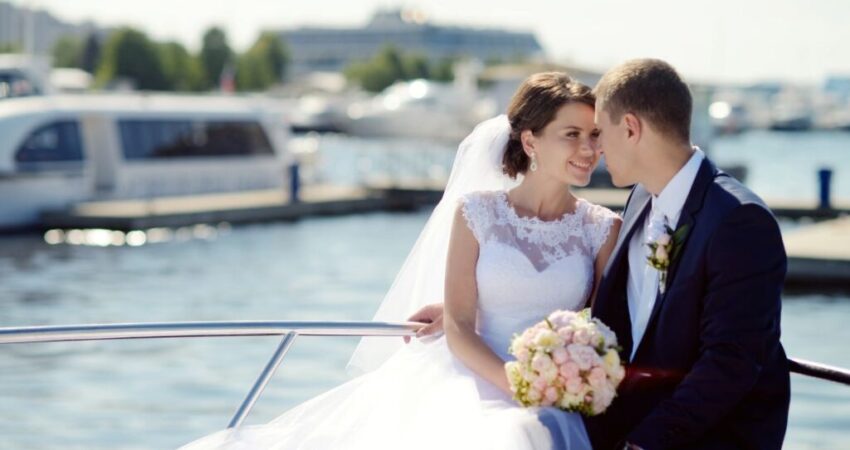 A couple having a yacht wedding.