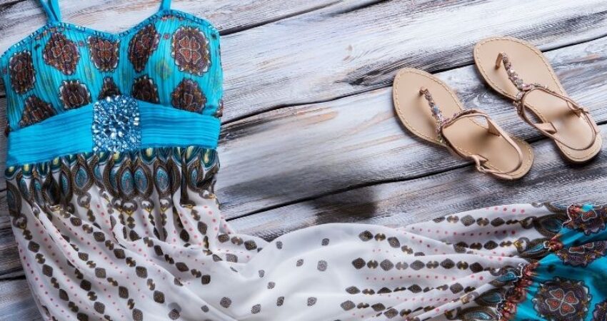 A flowy maxi dress and comfortable sandals.